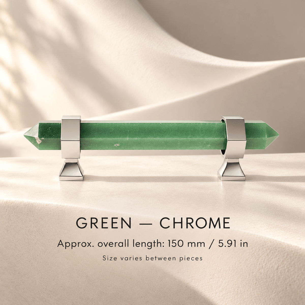 Green crystal cabinet pull with Chrome mounts in ivory studio. Approx. overall length: 150 mm / 5.91 in; Size varies between pieces