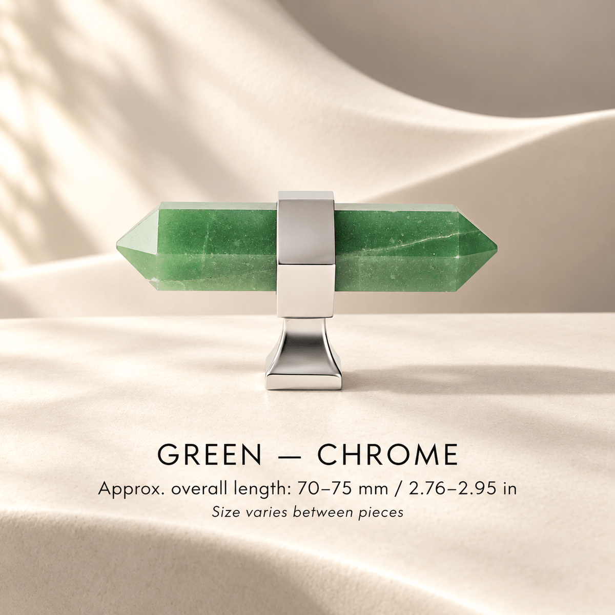 Green crystal T-knob with Chrome mounts in ivory studio. Approx. overall length: 70–75 mm / 2.76–2.95 in; Size varies between pieces