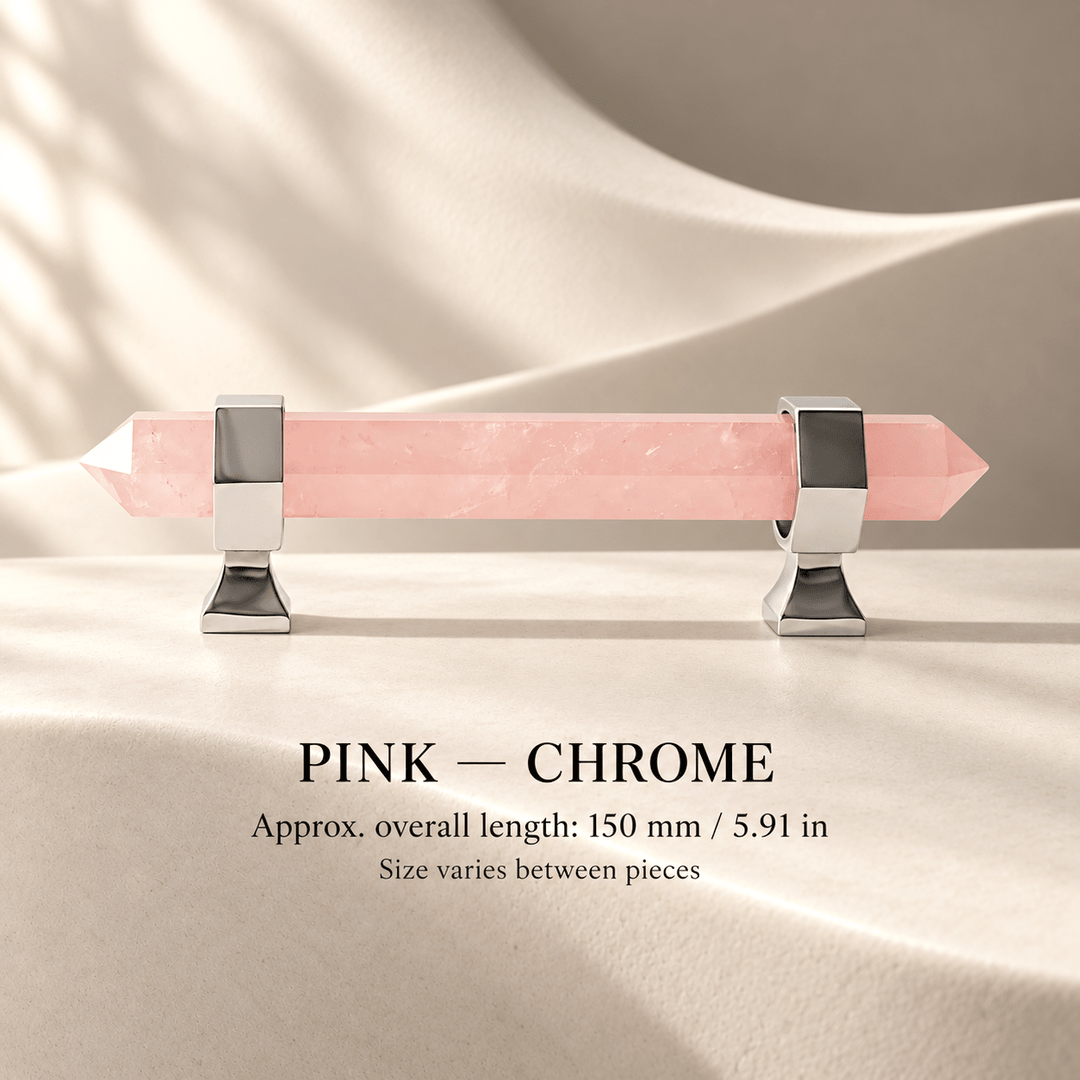 Pink crystal cabinet pull with Chrome mounts in ivory studio. Approx. overall length: 150 mm / 5.91 in; Size varies between pieces