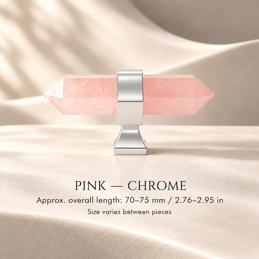 Pink crystal T-knob with Chrome mounts in ivory studio. Approx. overall length: 70–75 mm / 2.76–2.95 in; Size varies between pieces