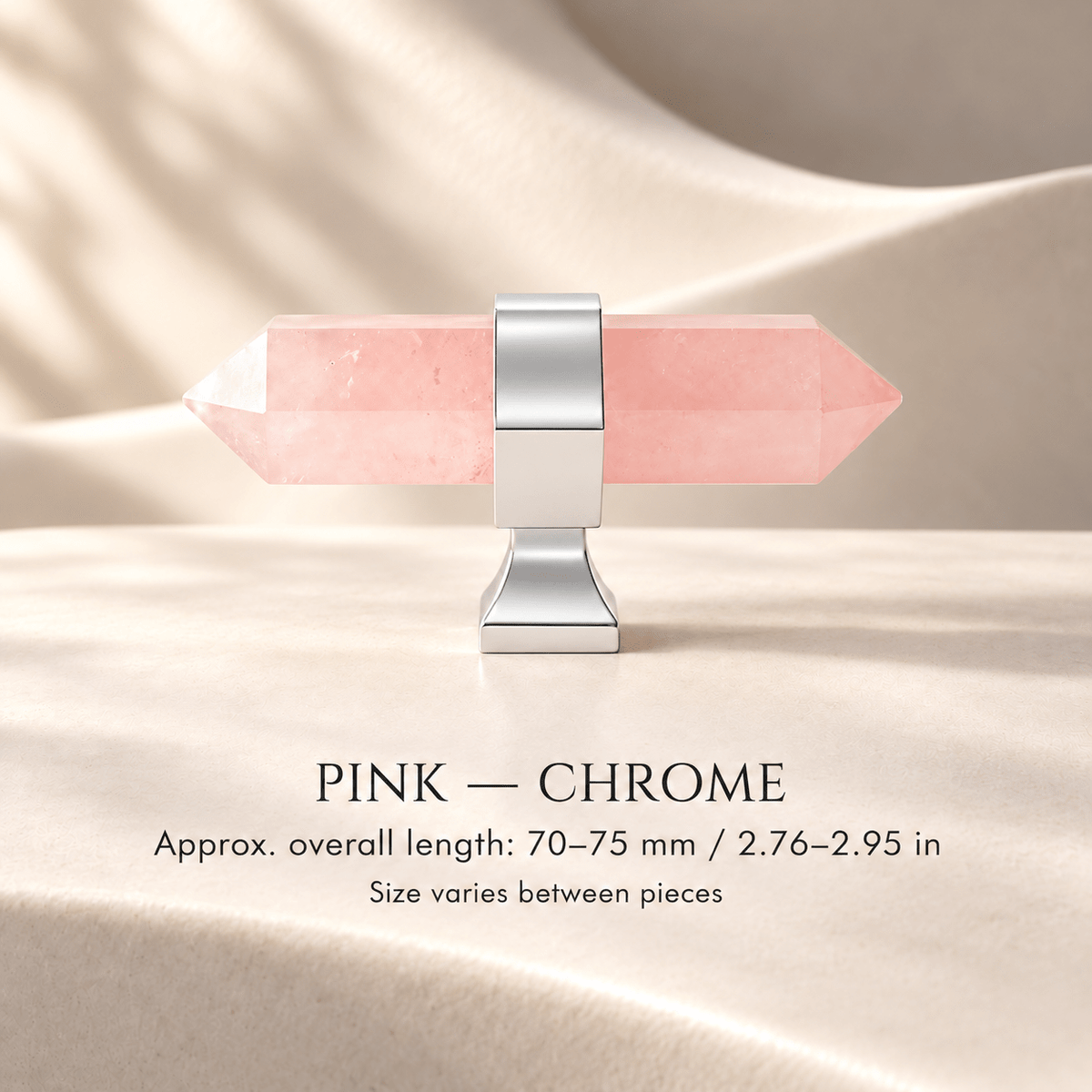 Pink crystal T-knob with Chrome mounts in ivory studio. Approx. overall length: 70–75 mm / 2.76–2.95 in; Size varies between pieces