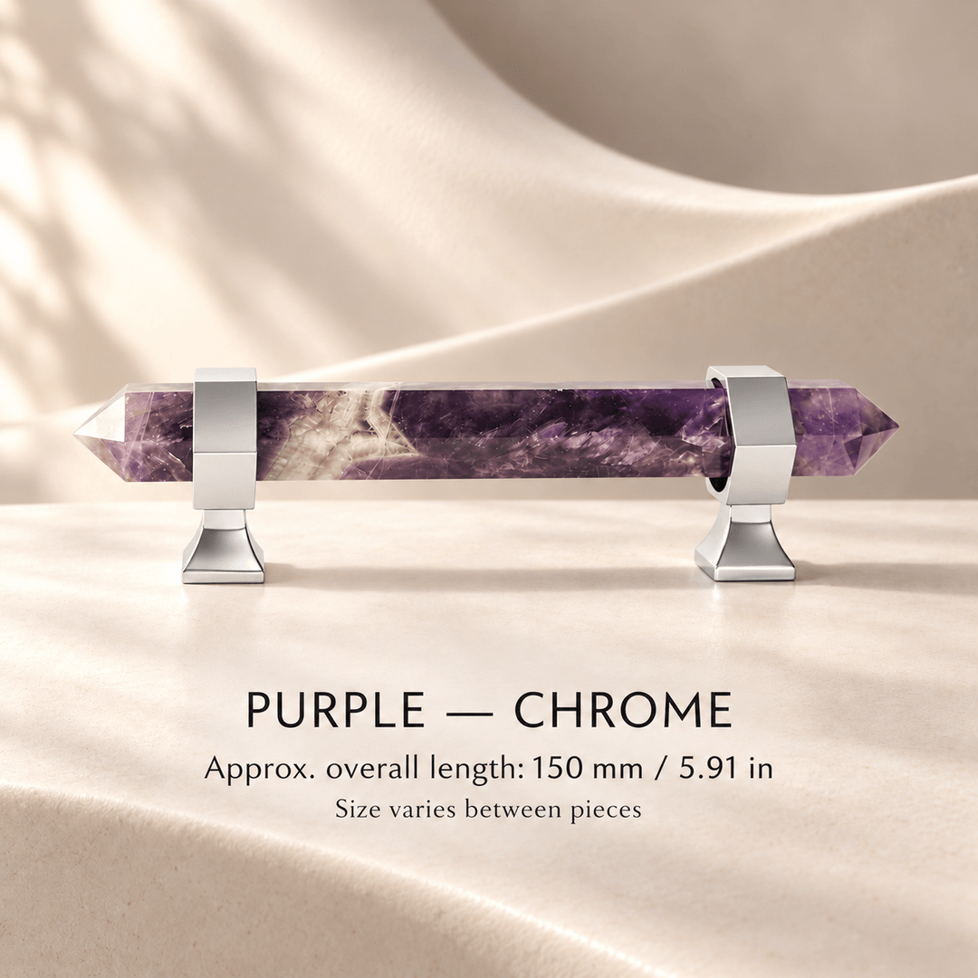 Purple crystal cabinet pull with Chrome mounts in ivory studio. Approx. overall length: 150 mm / 5.91 in; Size varies between pieces