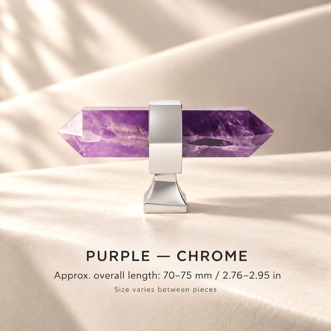 Purple crystal T-knob with Chrome mounts in ivory studio. Approx. overall length: 70–75 mm / 2.76–2.95 in; Size varies between pieces