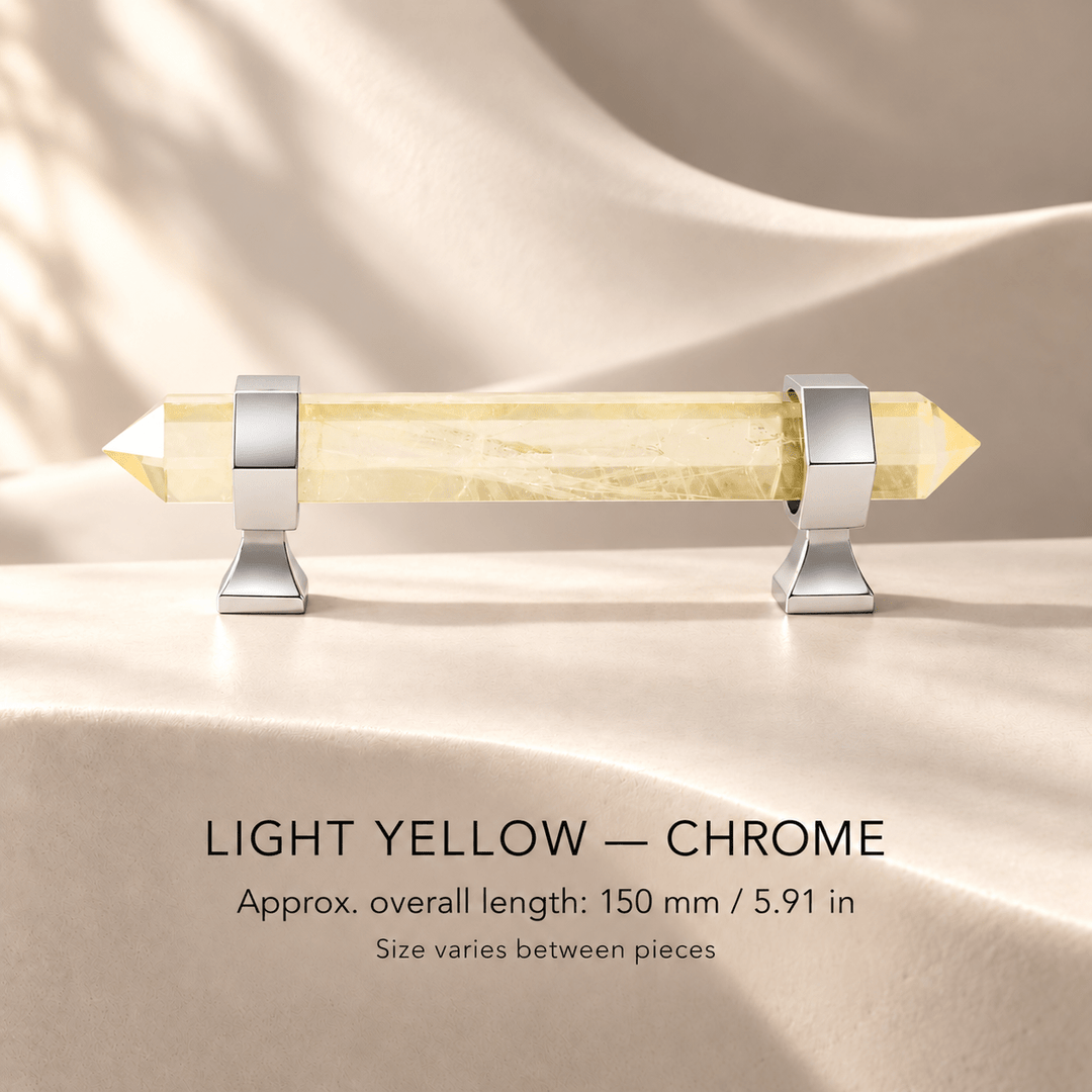 Light yellow crystal cabinet pull with Chrome mounts in ivory studio. Approx. overall length: 150 mm / 5.91 in; Size varies between pieces