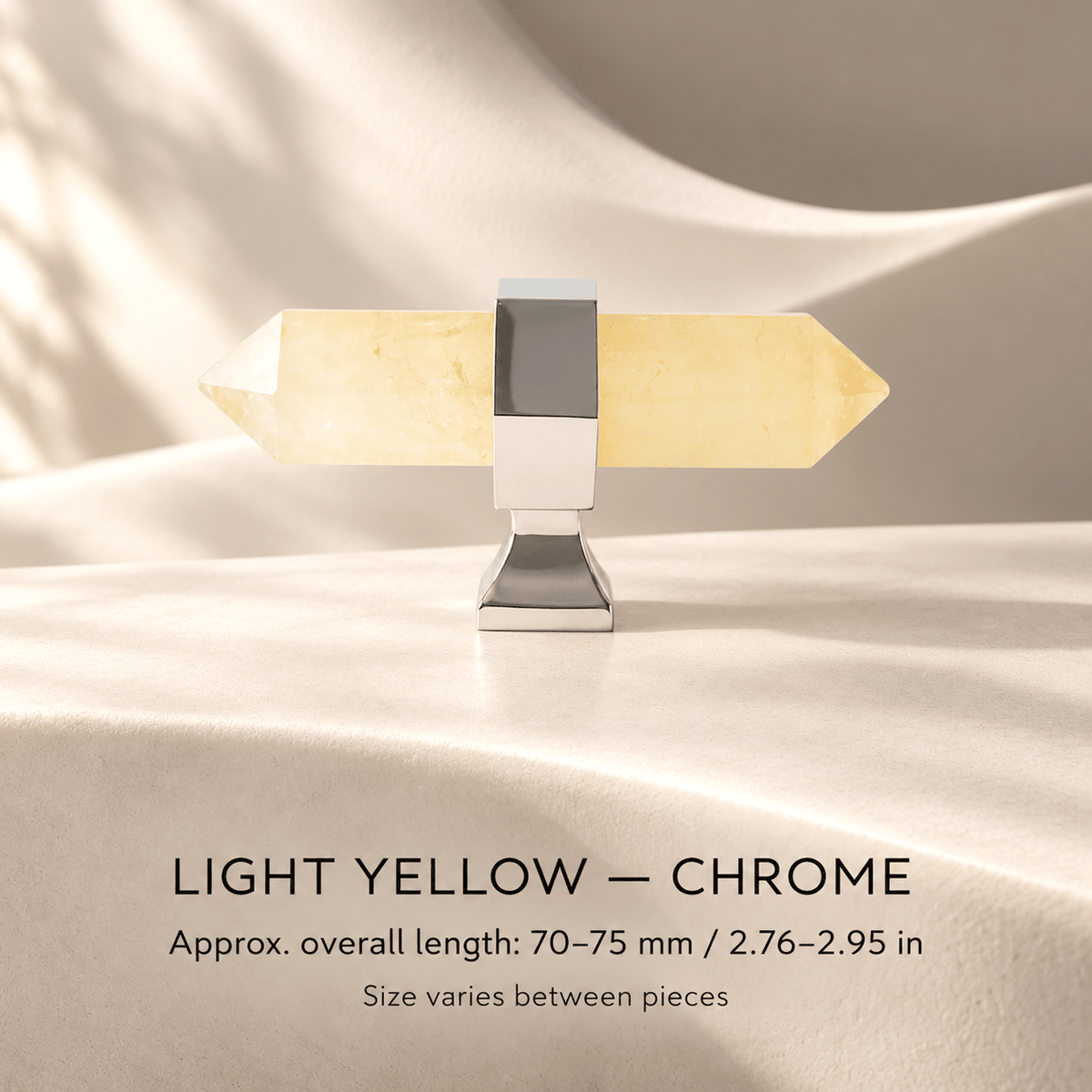 Light yellow crystal T-knob with Chrome mounts in ivory studio. Approx. overall length: 70–75 mm / 2.76–2.95 in; Size varies between pieces