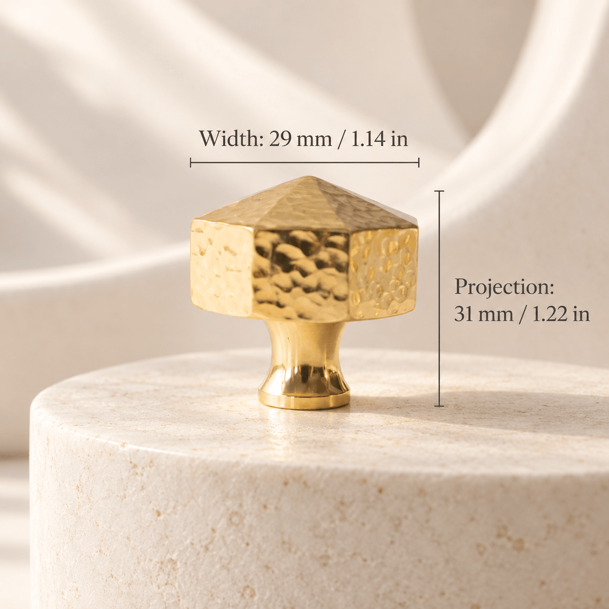Faceted Hammered Gold Cabinet Knob, individual measurements in millimeters and inches