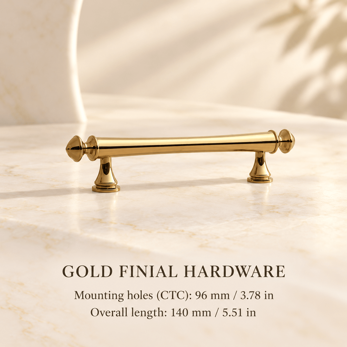 Gold finial cabinet hardware — Mounting holes (CTC): 96 mm / 3.78 in; Overall length: 140 mm / 5.51 in — ivory stone studio