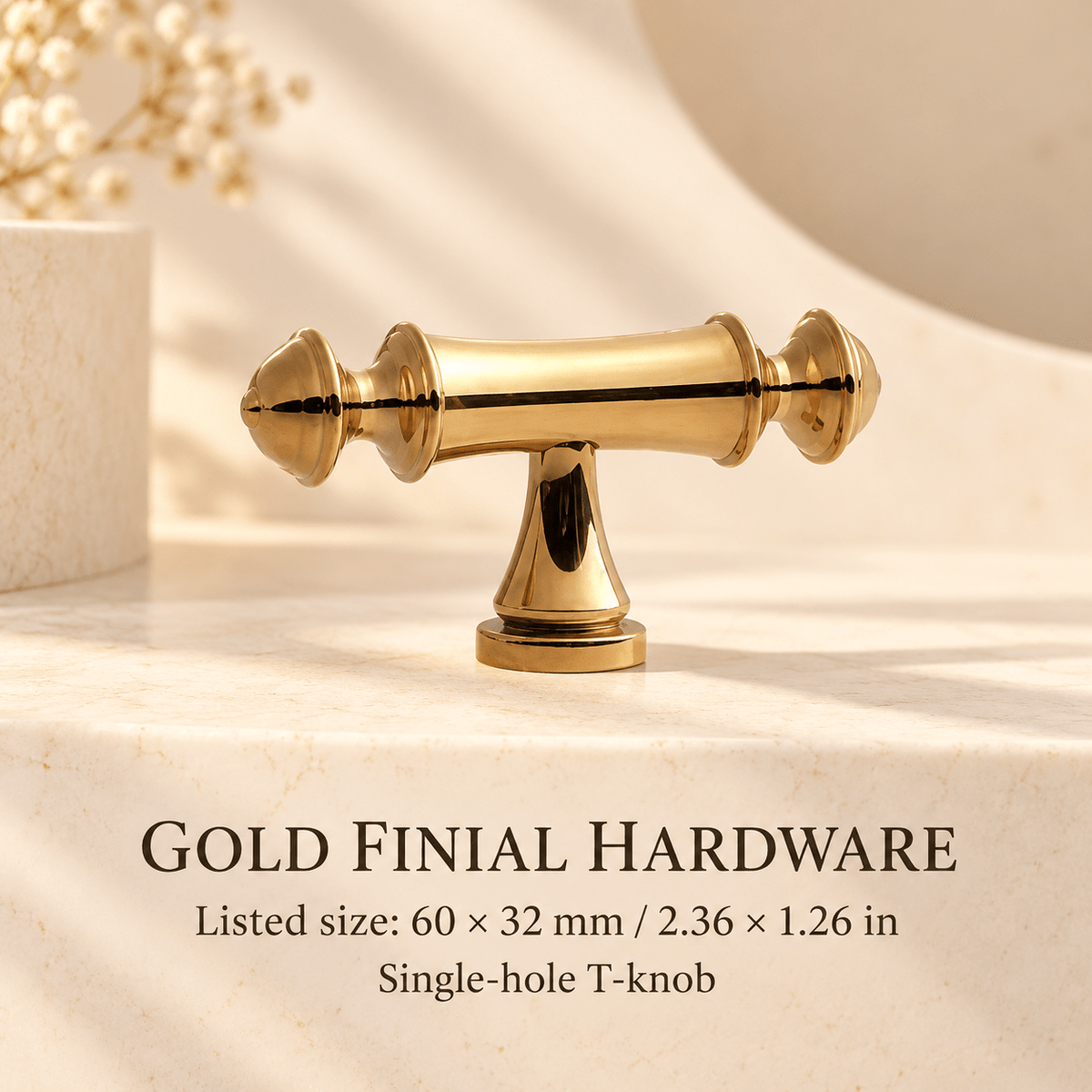 Gold finial cabinet hardware — Listed size: 60 × 32 mm / 2.36 × 1.26 in; Single-hole T-knob — ivory stone studio