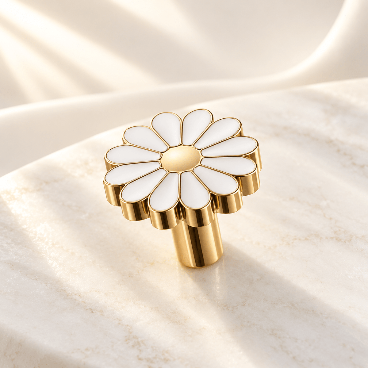 White daisy flower cabinet knob in gold finish on ivory stone
