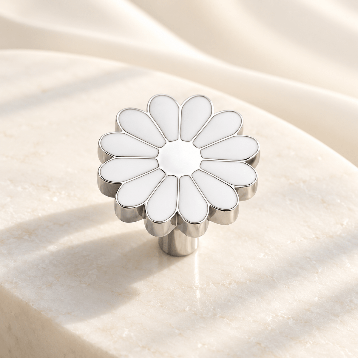 White daisy flower cabinet knob in silver finish on ivory stone
