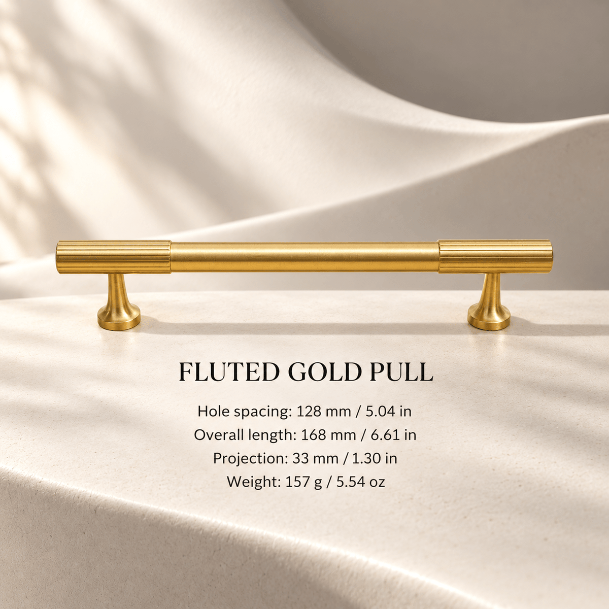 Gold fluted pull 128 mm mounting-hole spacing — individual millimeter and inch measurements