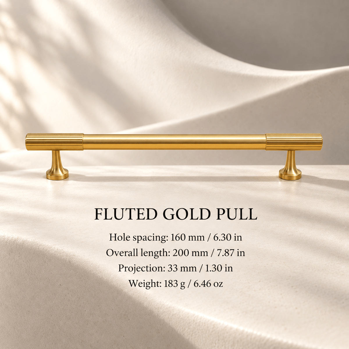 Gold fluted pull 160 mm mounting-hole spacing — individual millimeter and inch measurements