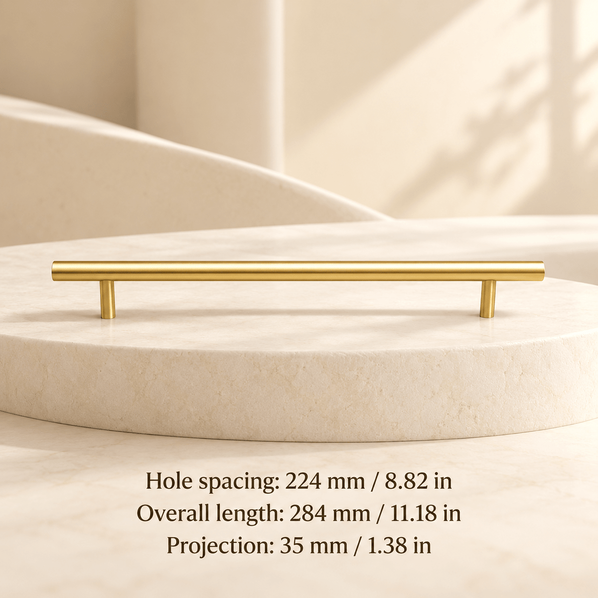 Gold bar cabinet pull — Hole spacing: 224 mm / 8.82 in; Overall length: 284 mm / 11.18 in; Projection: 35 mm / 1.38 in — ivory studio