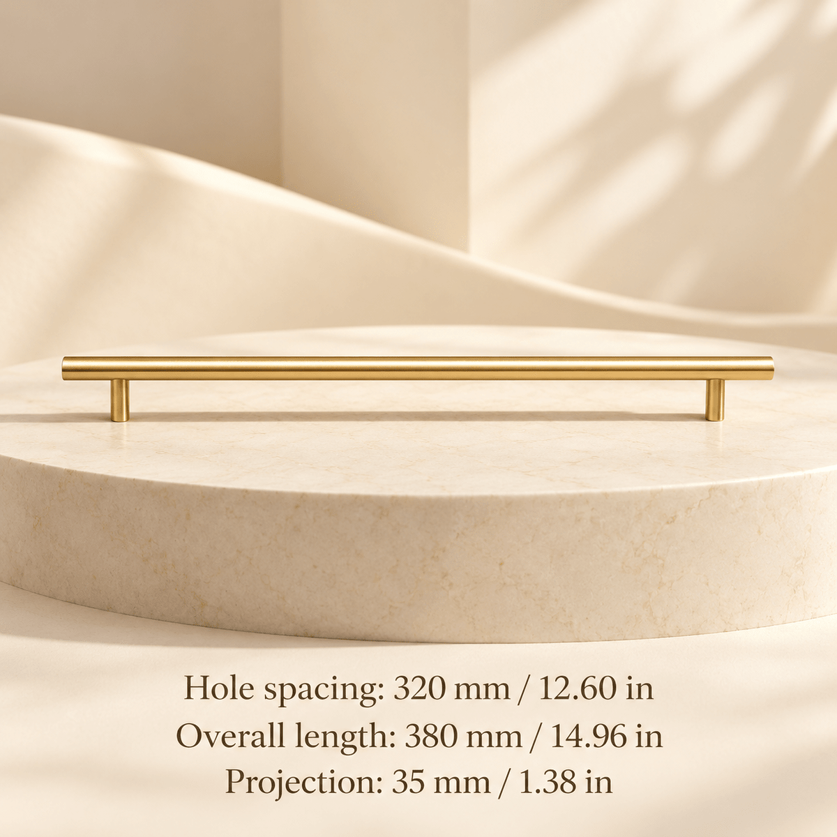 Gold bar cabinet pull — Hole spacing: 320 mm / 12.60 in; Overall length: 380 mm / 14.96 in; Projection: 35 mm / 1.38 in — ivory studio