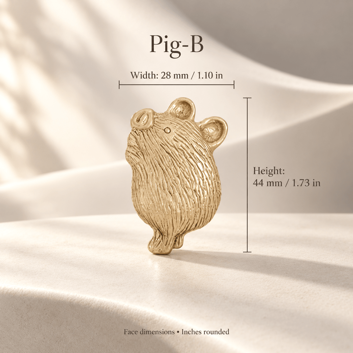 Gold-tone animal cabinet knob Pig-B; face width 28 mm / 1.10 in, height 44 mm / 1.73 in, ivory curved-stone studio