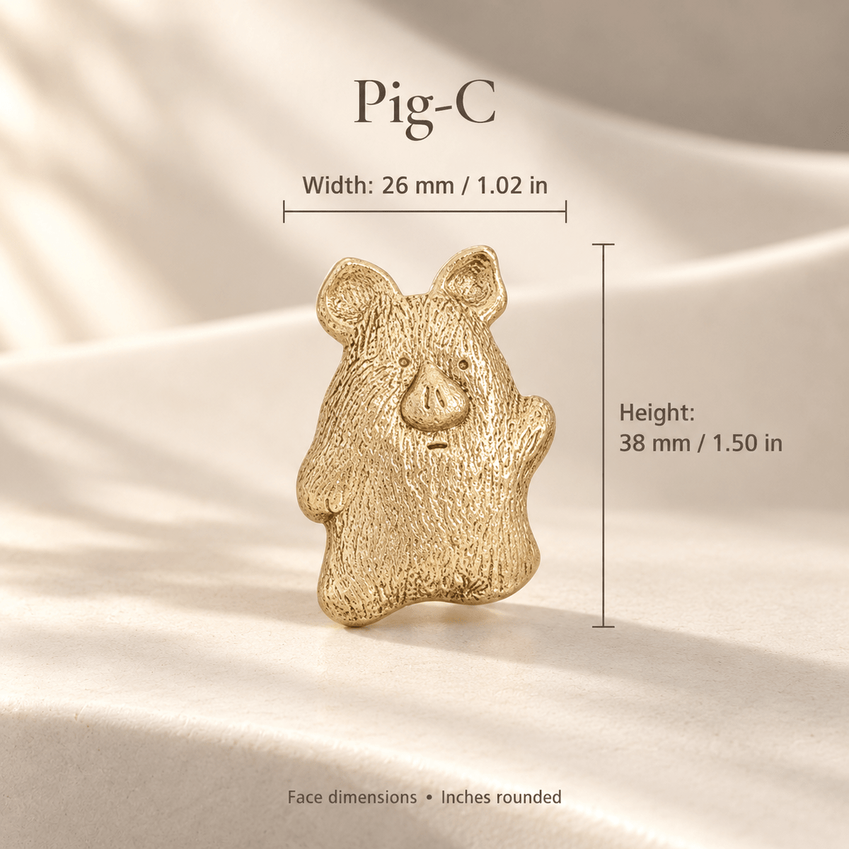 Gold-tone animal cabinet knob Pig-C; face width 26 mm / 1.02 in, height 38 mm / 1.50 in, ivory curved-stone studio