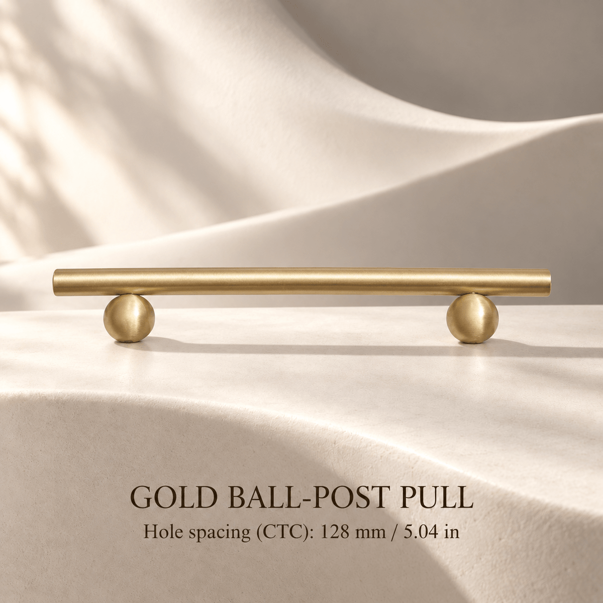 Gold ball-post cabinet pull — 128 mm CTC with individual inch conversion