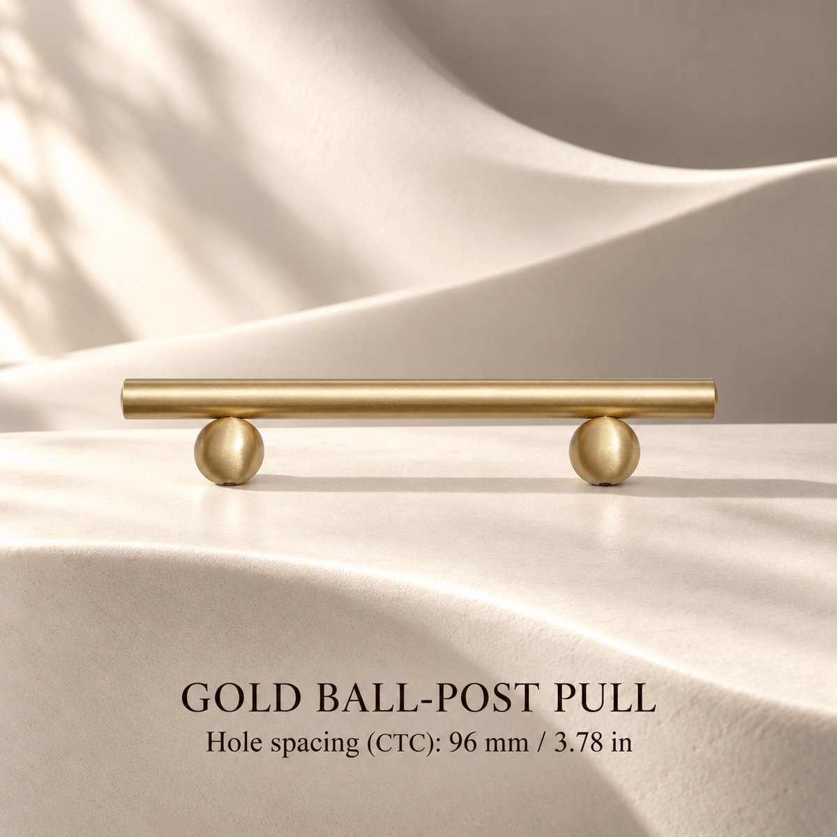 Gold ball-post cabinet pull — 96 mm CTC with individual inch conversion