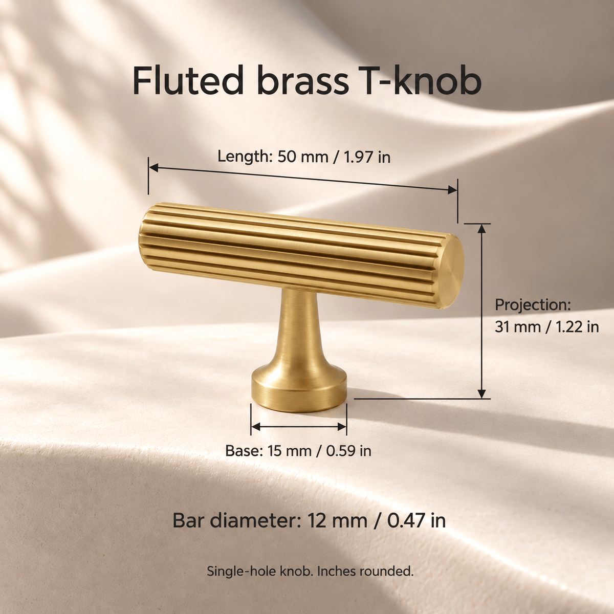 Gold brass T-knob, 50 mm overall, individual dimensions in mm and inches