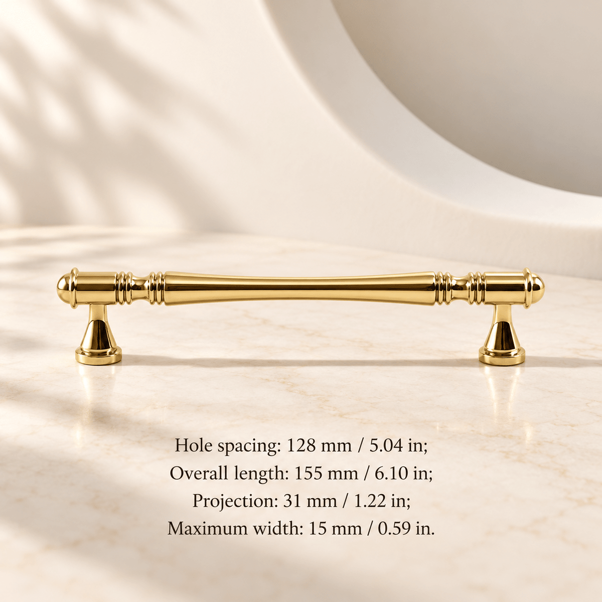 Gold classic spindle cabinet pull in ivory studio. Hole spacing: 128 mm / 5.04 in; Overall length: 155 mm / 6.10 in; Projection: 31 mm / 1.22 in; Maximum width: 15 mm / 0.59 in