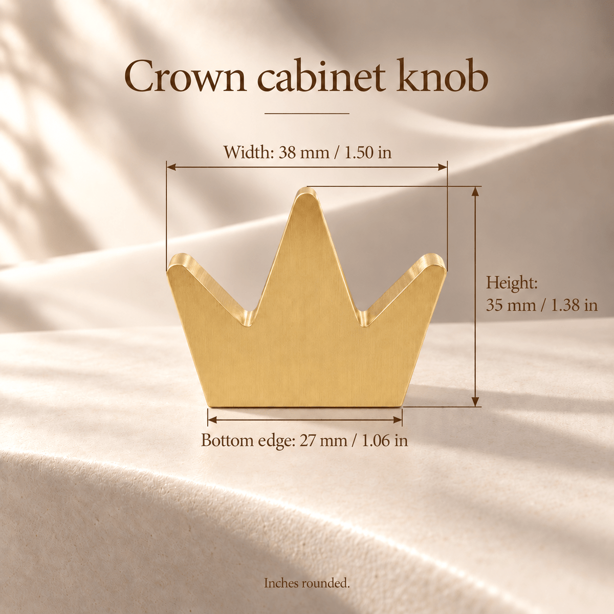 Gold crown cabinet knob, 38 mm width, 35 mm height and 27 mm bottom edge with inch conversions