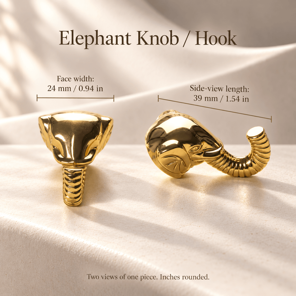 Gold elephant-head cabinet knob or hook, face width 24 mm and side-view length 39 mm with inch equivalents