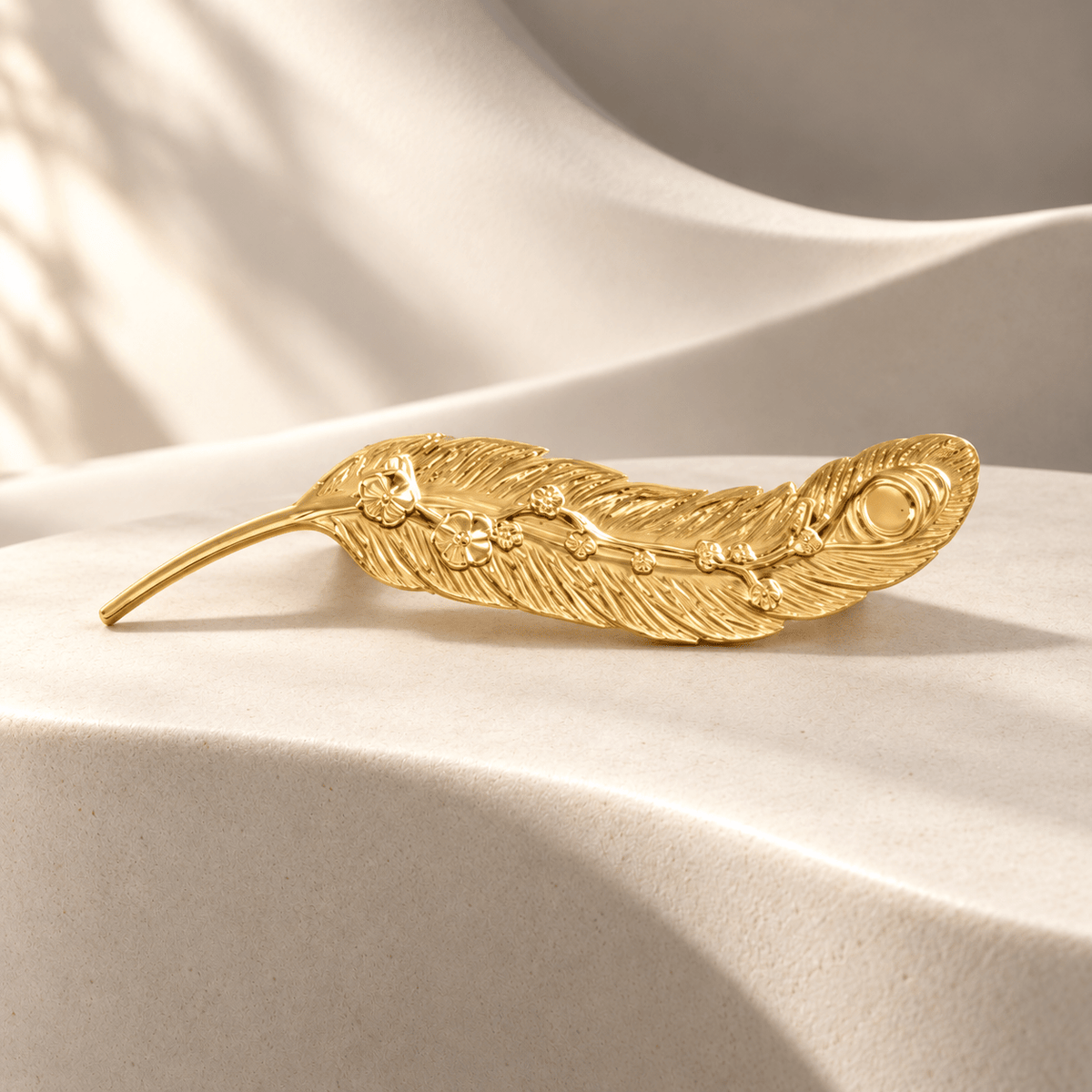 Left gold brass feather cabinet pull, ivory stone studio