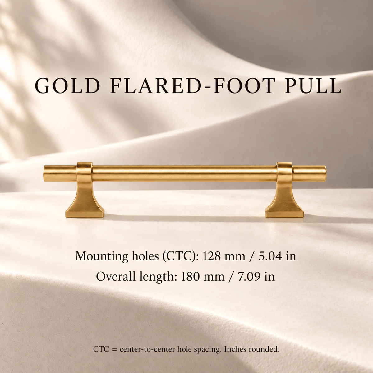 Gold flared-foot 128 mm CTC cabinet pull — individual millimeter and inch dimensions