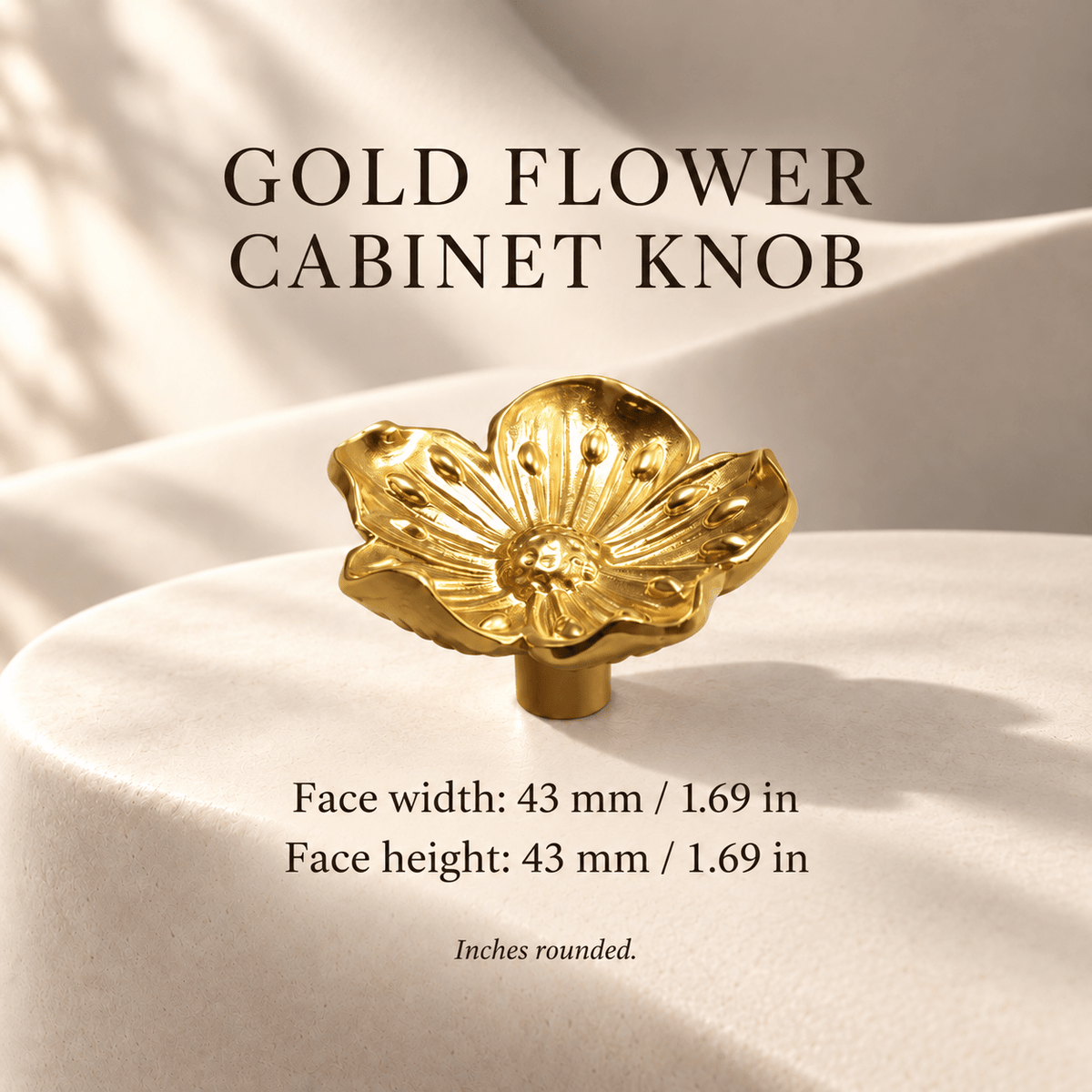 Gold flower cabinet knob, 43 × 43 mm face — individual measurements in millimeters and inches