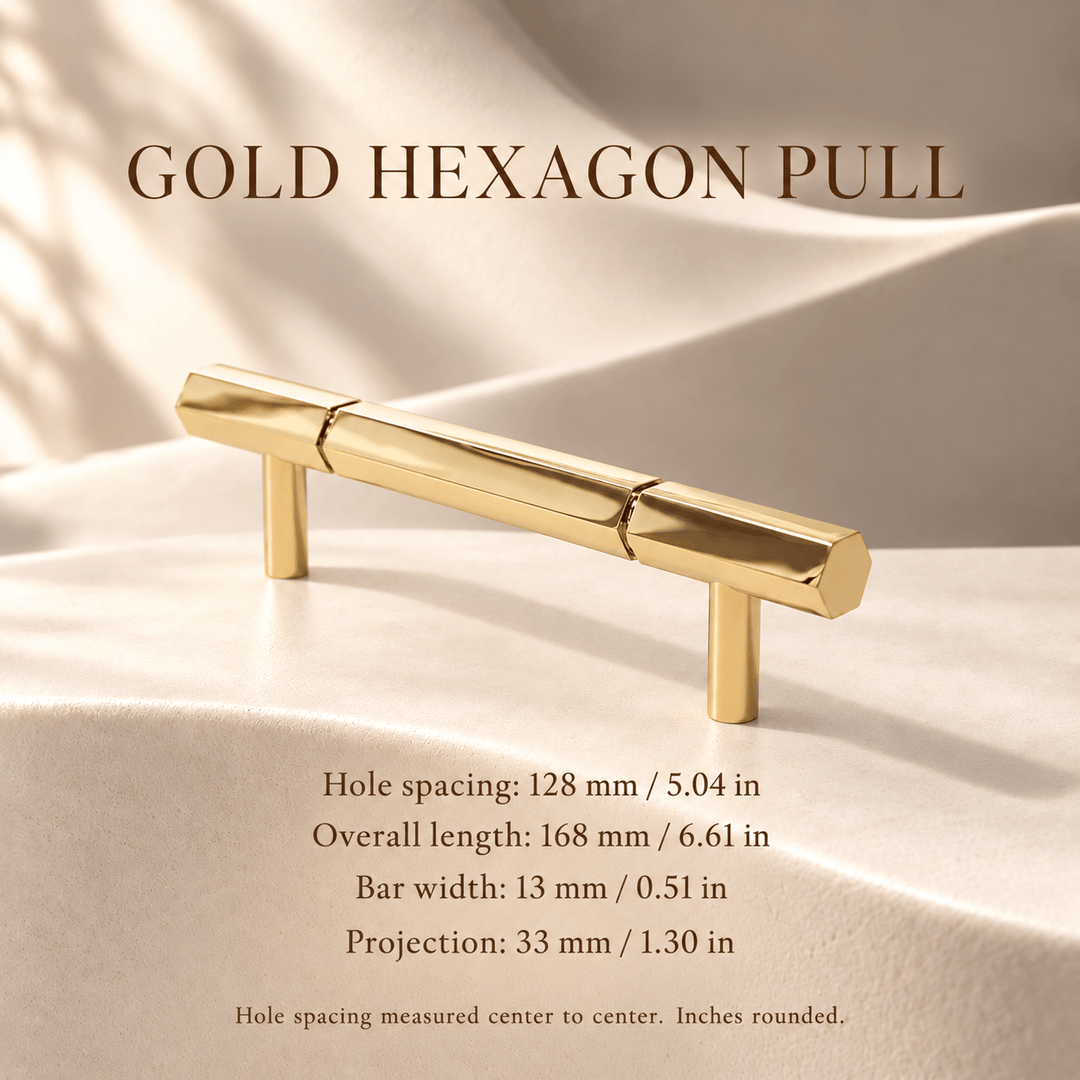 Gold hexagon 128 mm CTC pull measurements in mm and inches