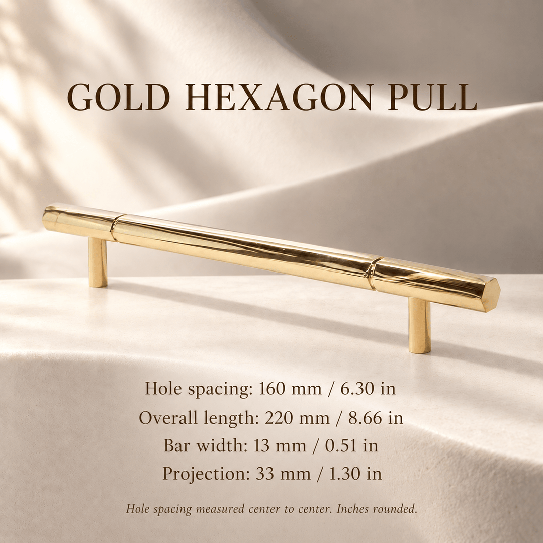Gold hexagon 160 mm CTC pull measurements in mm and inches