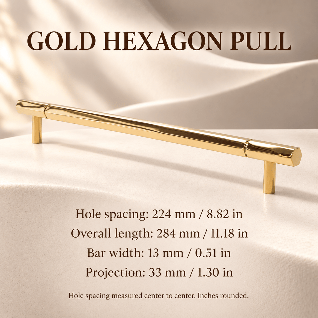 Gold hexagon 224 mm CTC pull measurements in mm and inches