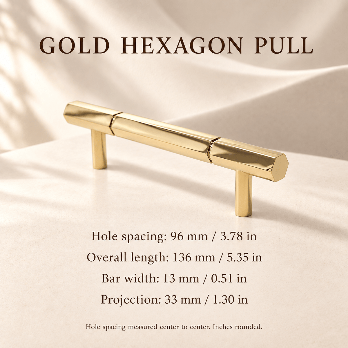 Gold hexagon 96 mm CTC pull measurements in mm and inches