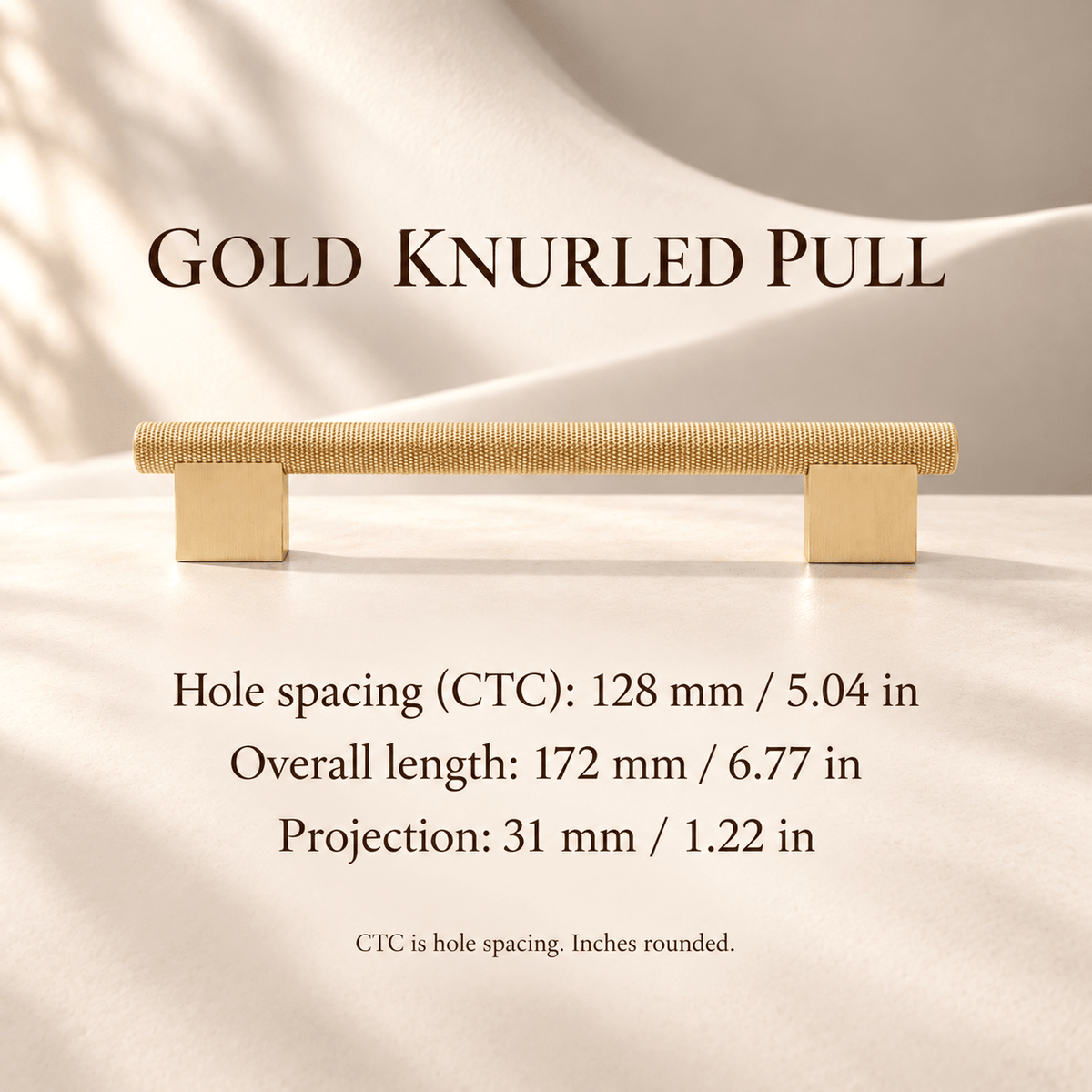 Satin gold knurled cabinet pull, 128 mm hole spacing with millimeter and inch dimensions