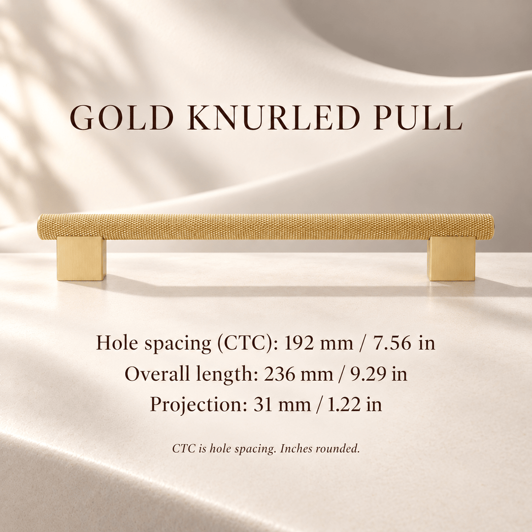 Satin gold knurled cabinet pull, 192 mm hole spacing with millimeter and inch dimensions