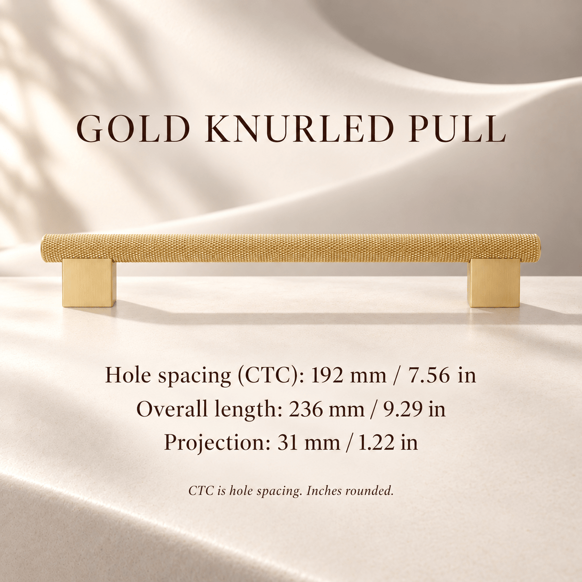 Satin gold knurled cabinet pull, 192 mm hole spacing with millimeter and inch dimensions