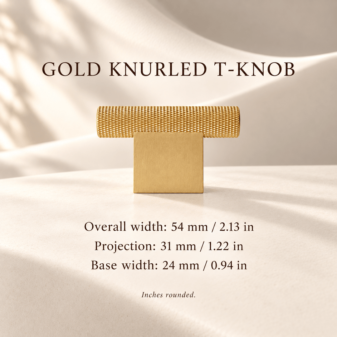Satin gold knurled T-knob, 54 mm overall width with millimeter and inch dimensions