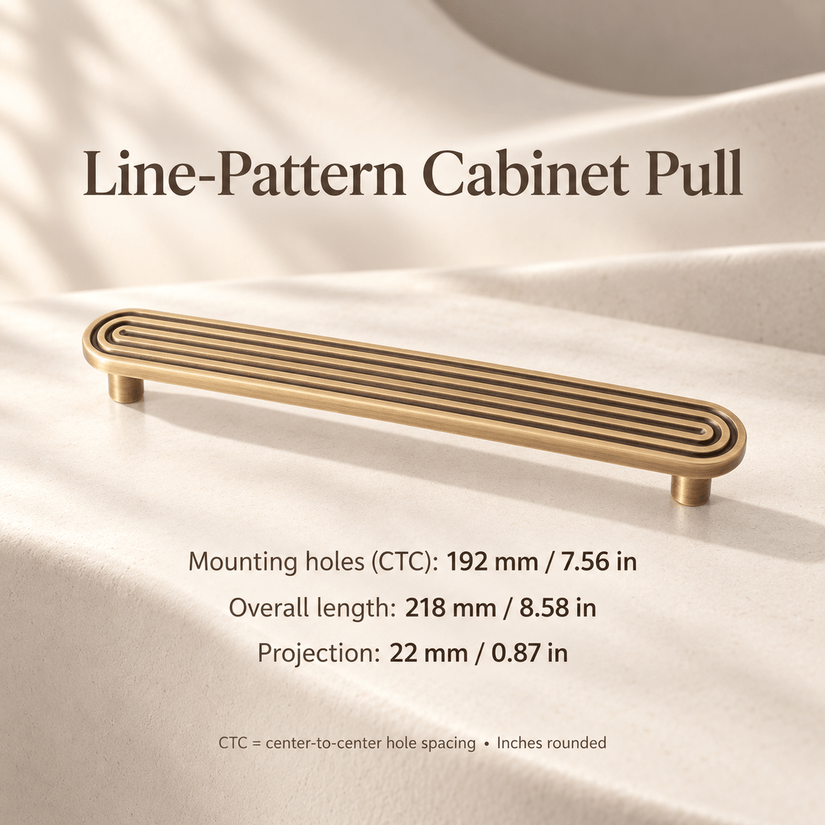 Line-pattern cabinet pull; CTC 192 mm / 7.56 in, overall 218 mm / 8.58 in, projection 22 mm / 0.87 in; ivory studio