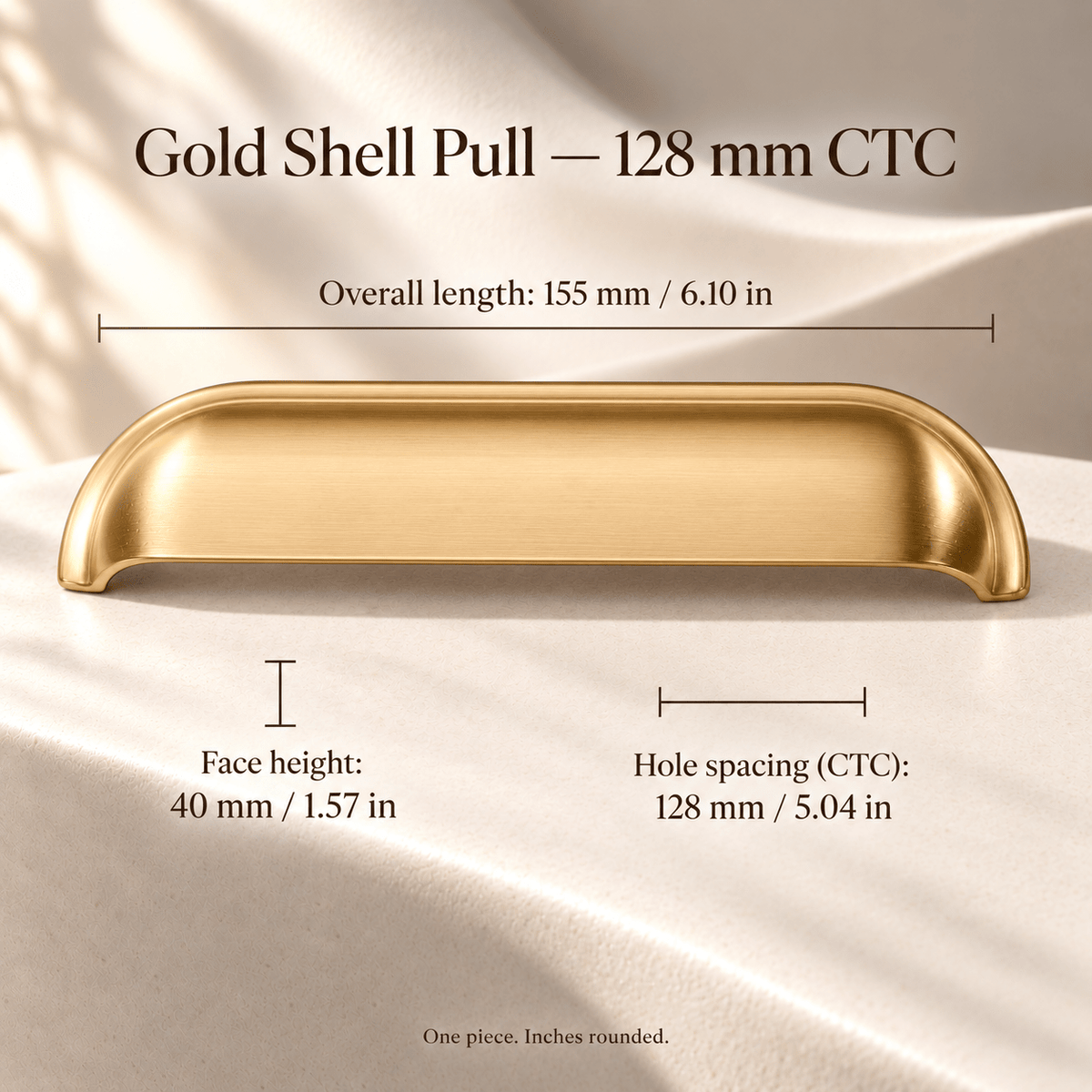 Gold brass shell cup pull, 128 mm hole spacing, individual dimensions in mm and inches