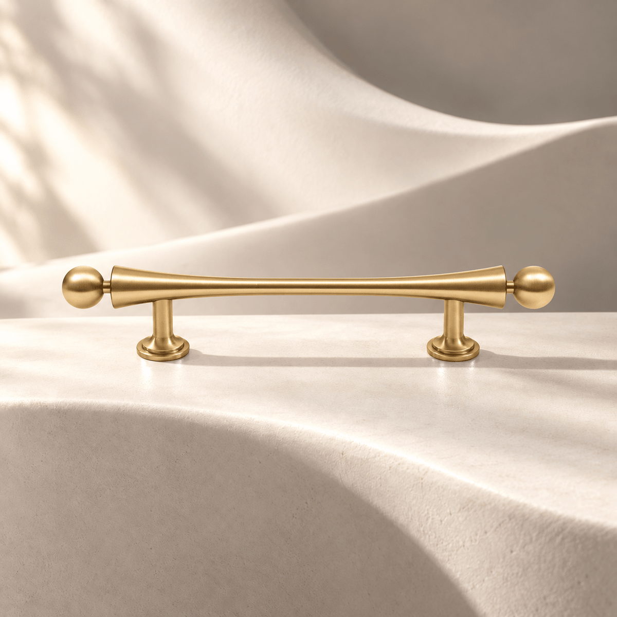 Gold spindle pull, 96 mm CTC — warm ivory stone studio