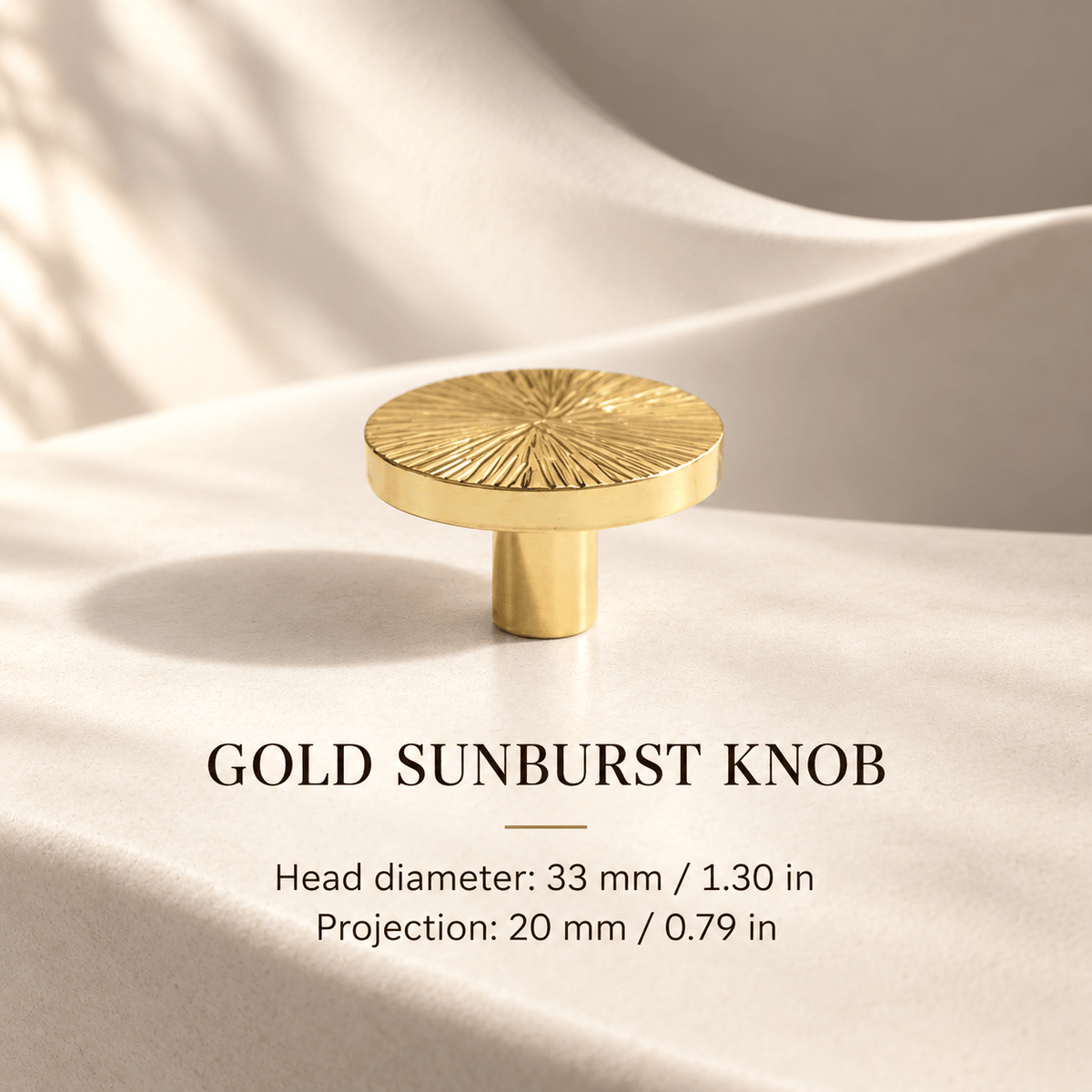 Gold sunburst cabinet knob, 33 mm head diameter — individual measurements in millimeters and inches