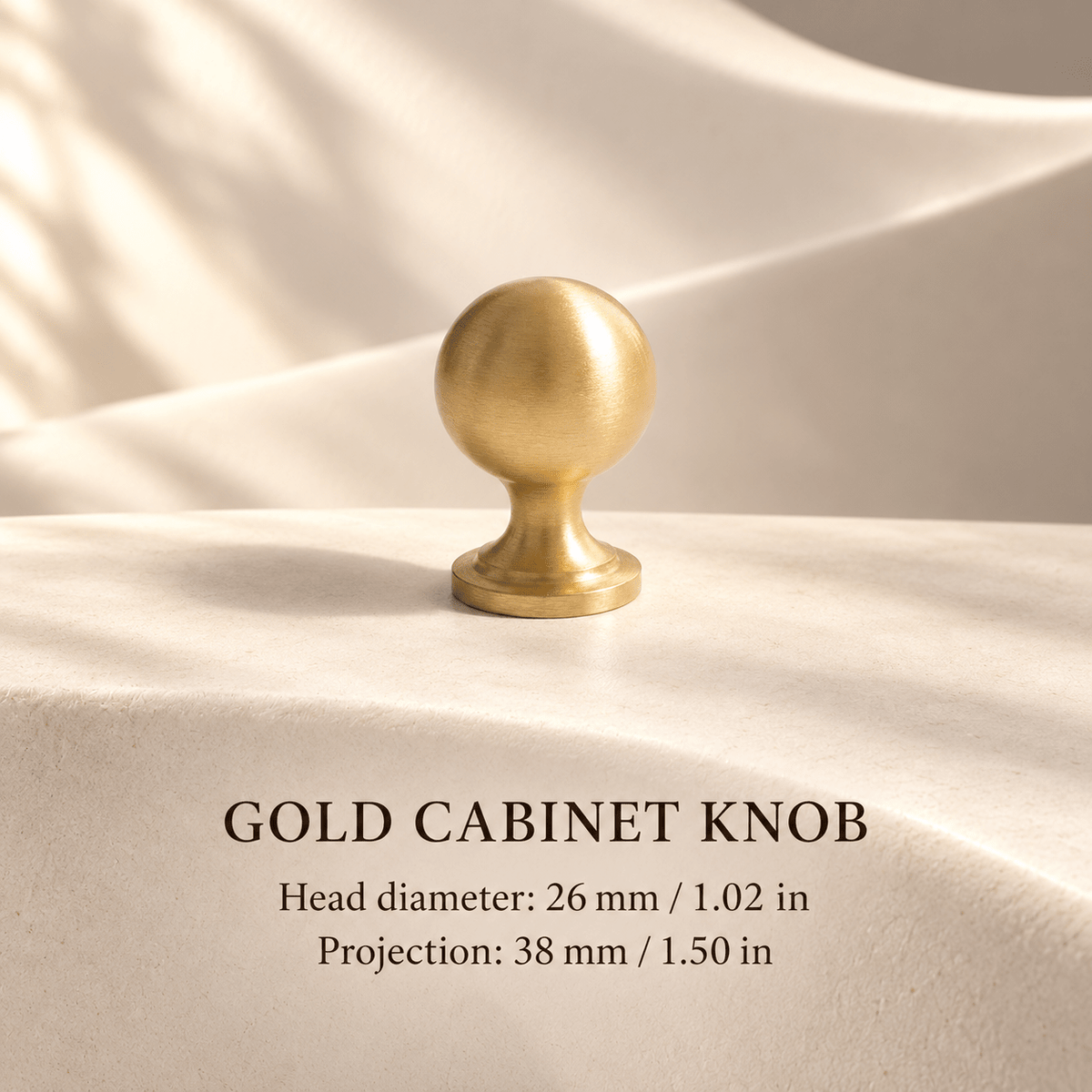 Gold cabinet knob — Head diameter: 26 mm / 1.02 in; Projection: 38 mm / 1.50 in