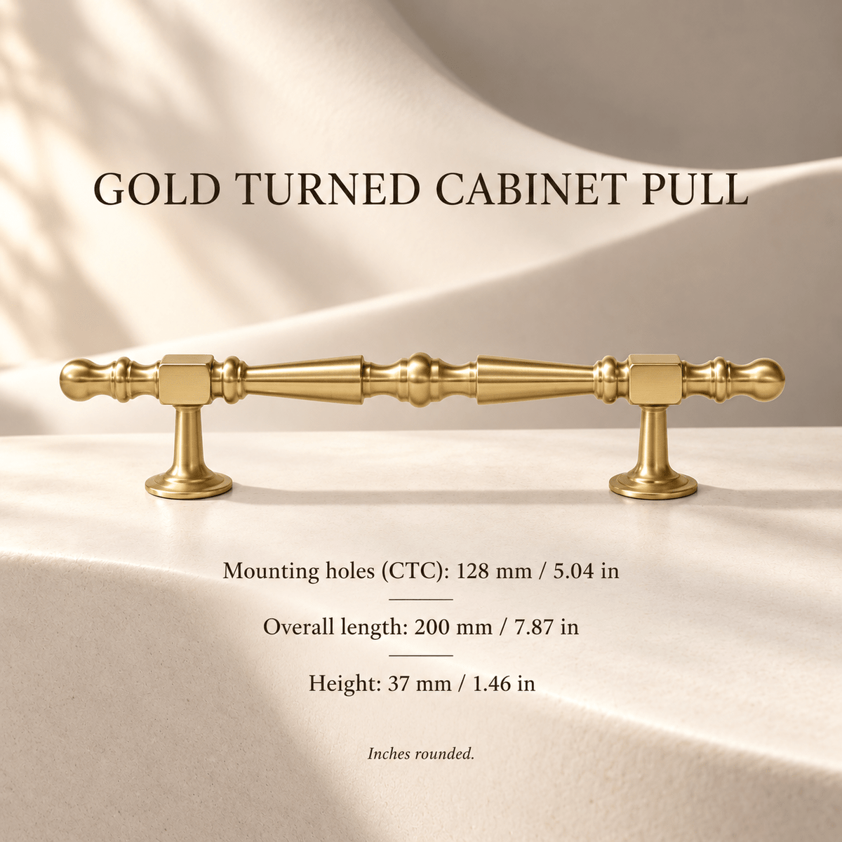 Gold turned cabinet pull on ivory stone; mounting holes 128 mm / 5.04 in, overall length 200 mm / 7.87 in, height 37 mm / 1.46 in