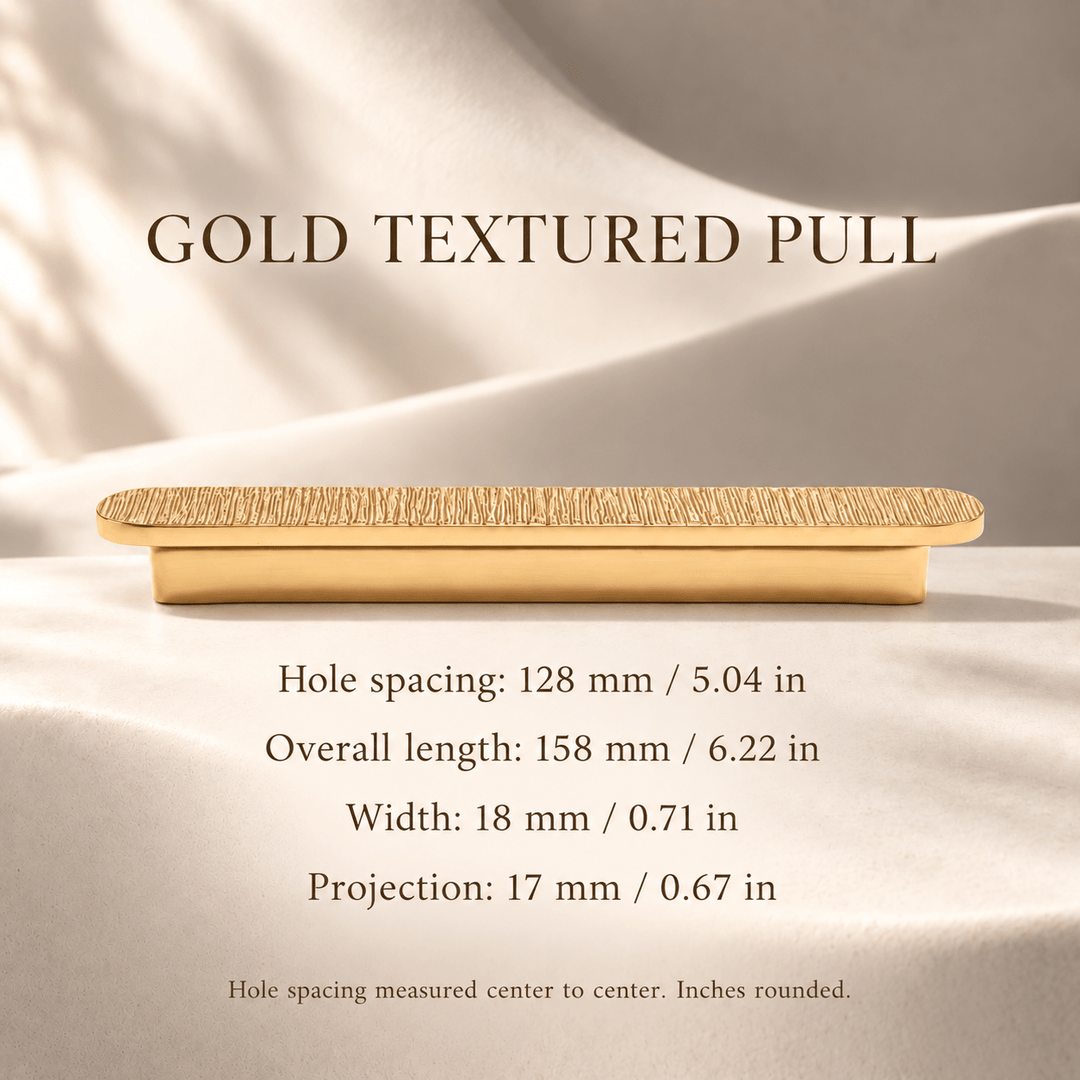 Gold vertical texture 128 mm CTC pull dimensions in mm and inches
