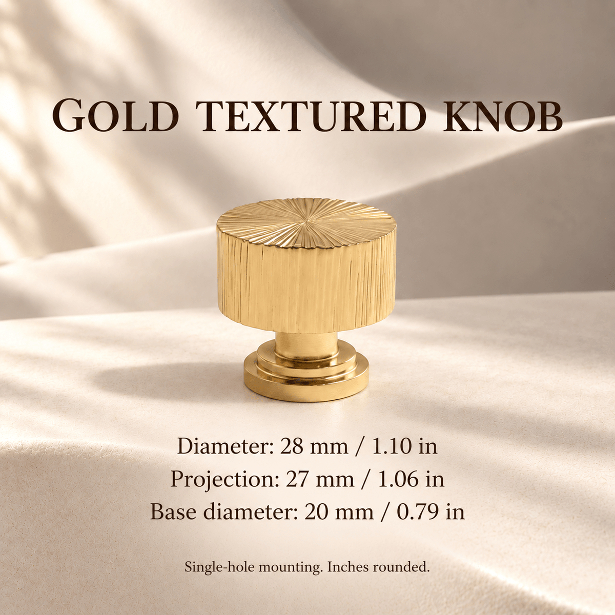 Gold vertical texture 28 mm knob dimensions in mm and inches