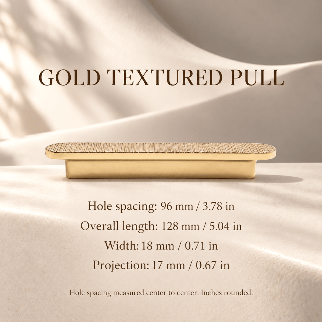 Gold vertical texture 96 mm CTC pull dimensions in mm and inches