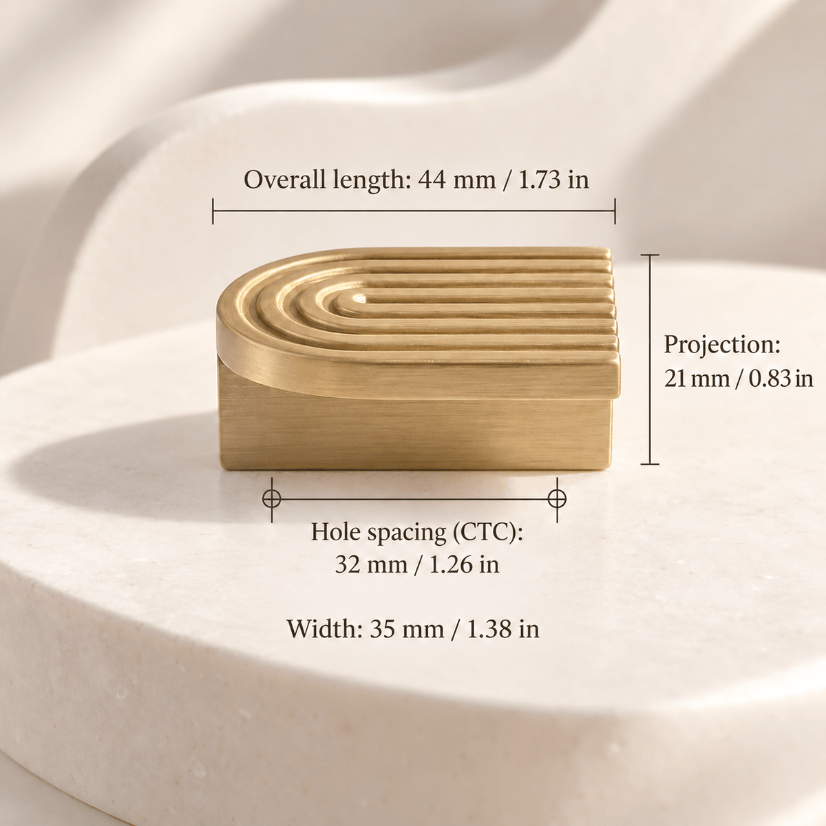 Grooved satin brass cabinet pull, 32 mm hole spacing, individual dimensions in mm and inches