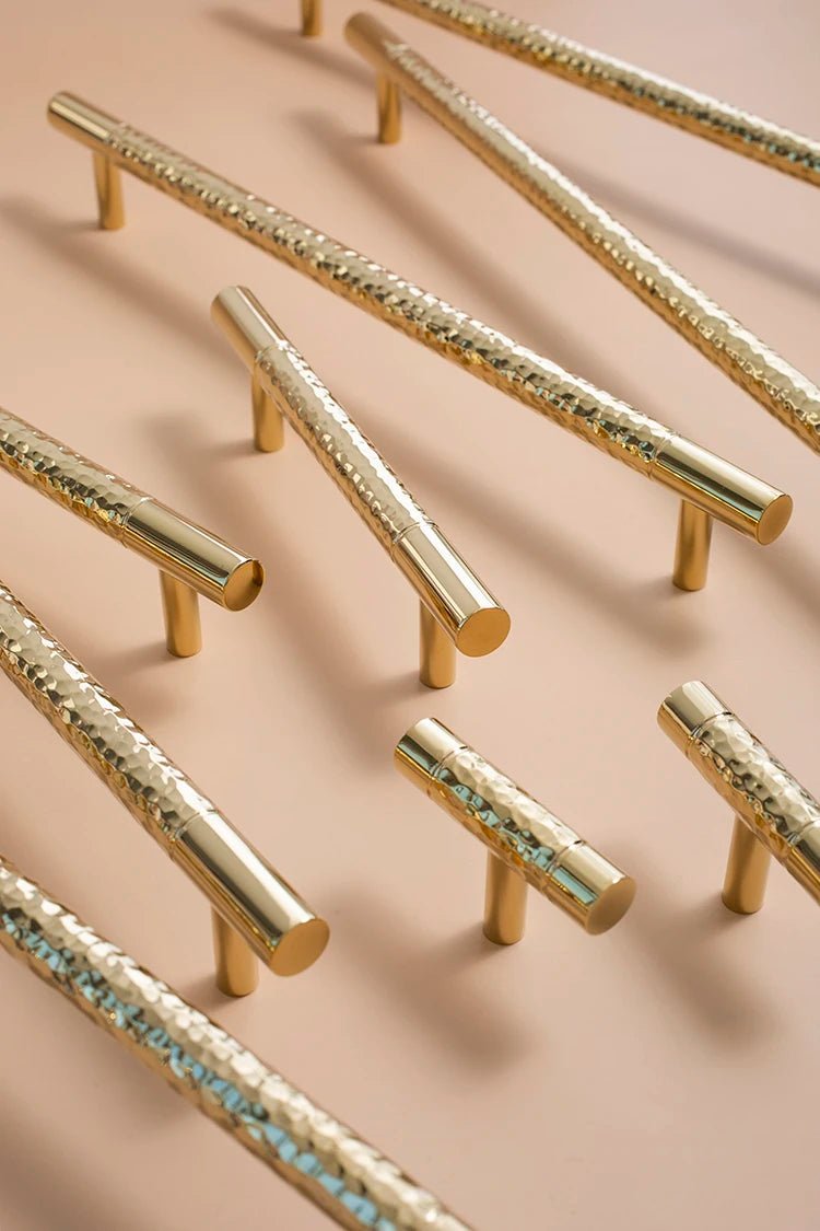 Hammered Brass Cabinet Handles - Textured T-Bar Pulls