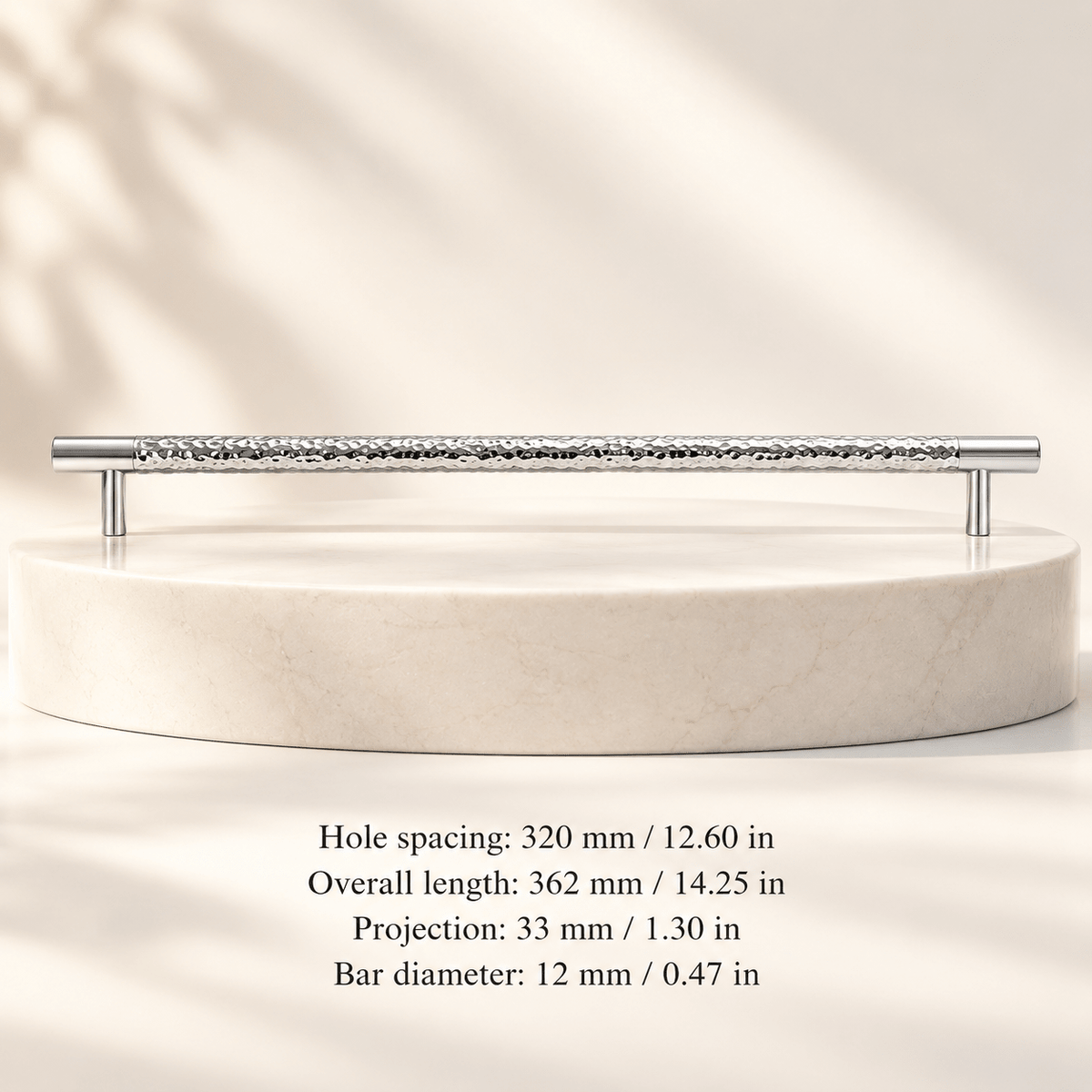 Hammered chrome cabinet pull 320 mm / 12.60 in CTC; Hole spacing: 320 mm / 12.60 in; Overall length: 362 mm / 14.25 in; Projection: 33 mm / 1.30 in; Bar diameter: 12 mm / 0.47 in on ivory stone studio background