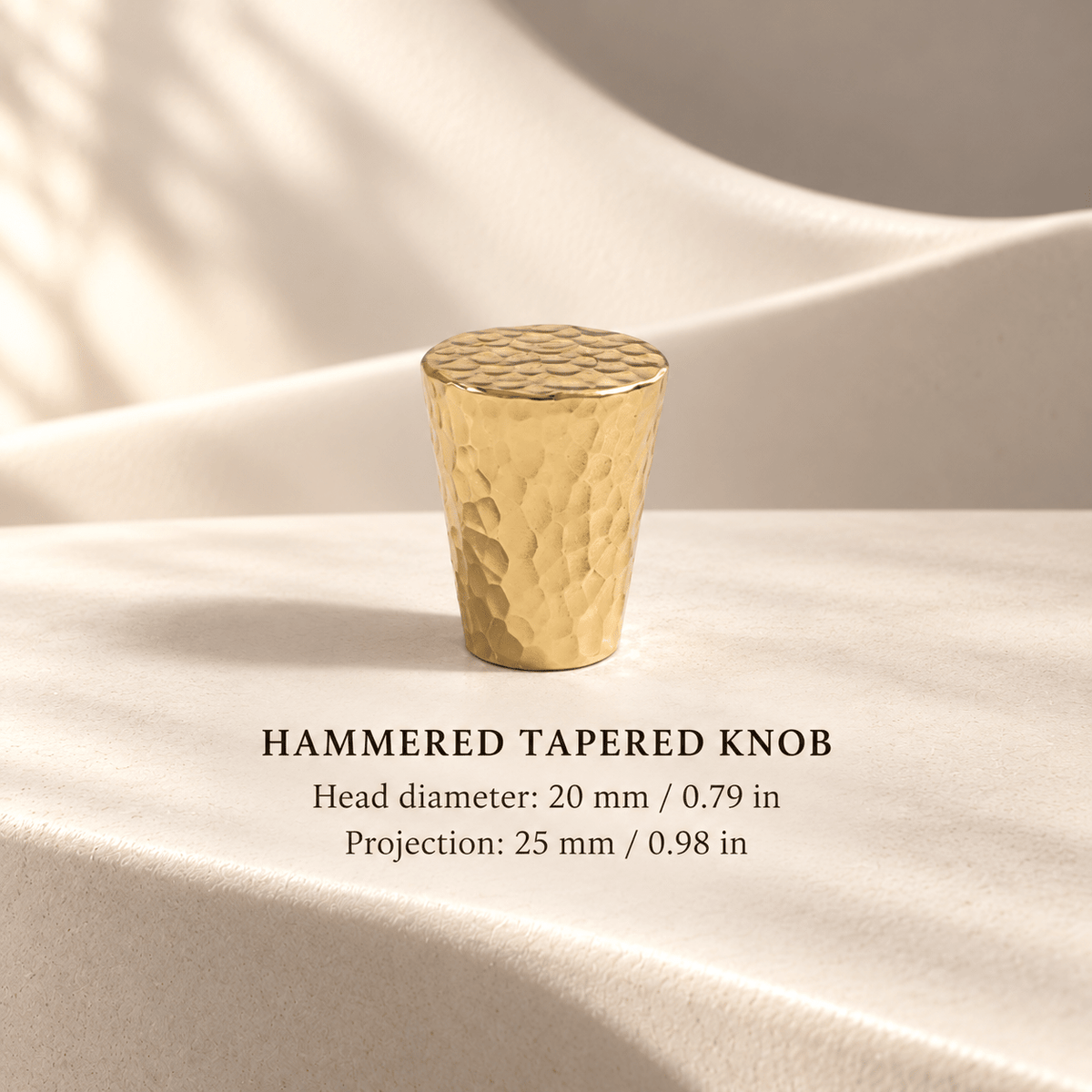 Hammered gold Tapered knob — 20 × 25 mm / 0.79 × 0.98 in — individual millimeter and inch dimensions